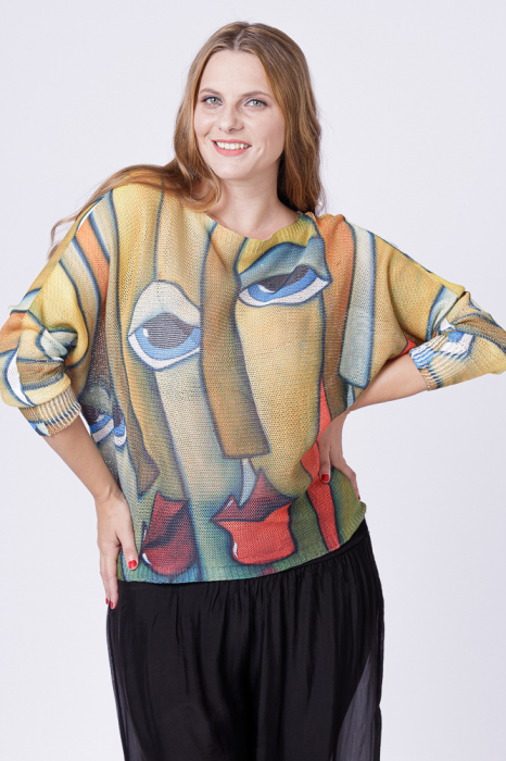 Bluza tricotaj subtire cu imprimeu stil Picasso pe fond galben Bluza imagine noua 2022
