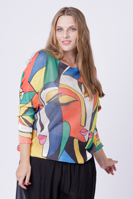 Bluza tricotaj subtire cu imprimeu stil Picasso pe fond rosu Bluza imagine noua 2022