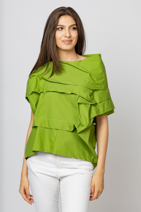 Bluza verde asimetrica, extravaganta, din bumbac satinat asimetrica imagine noua 2022