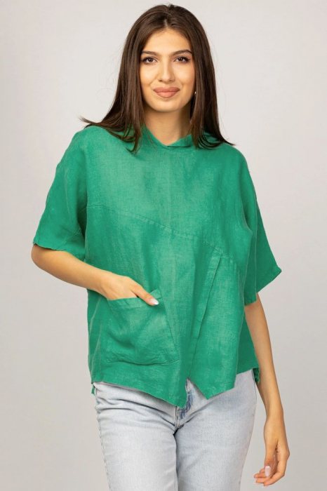 Bluza verde smarald asimetrica din in, cu gluga asimetrica imagine noua 2022