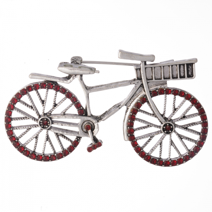 Brosa metalica argintie, bicicleta cu pietricele fatetate rosii