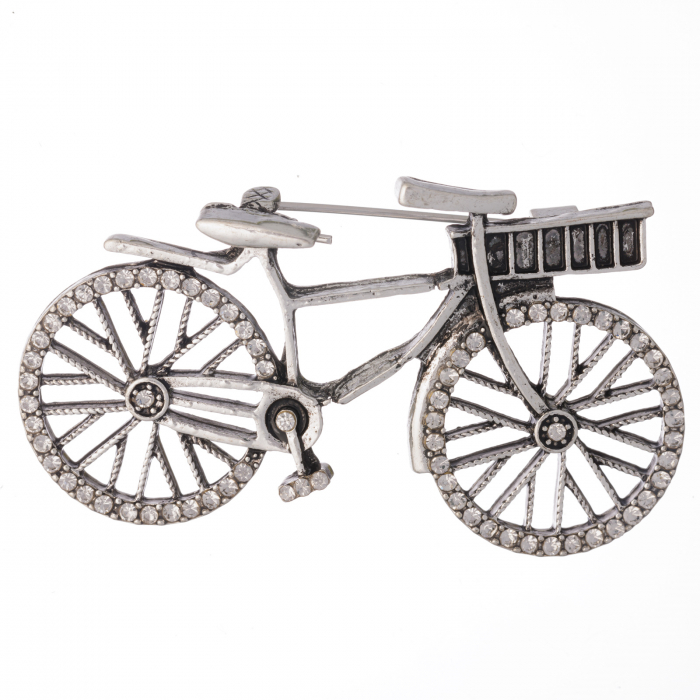 Brosa metalica argintie, bicicleta cu pietricele fatetate albe