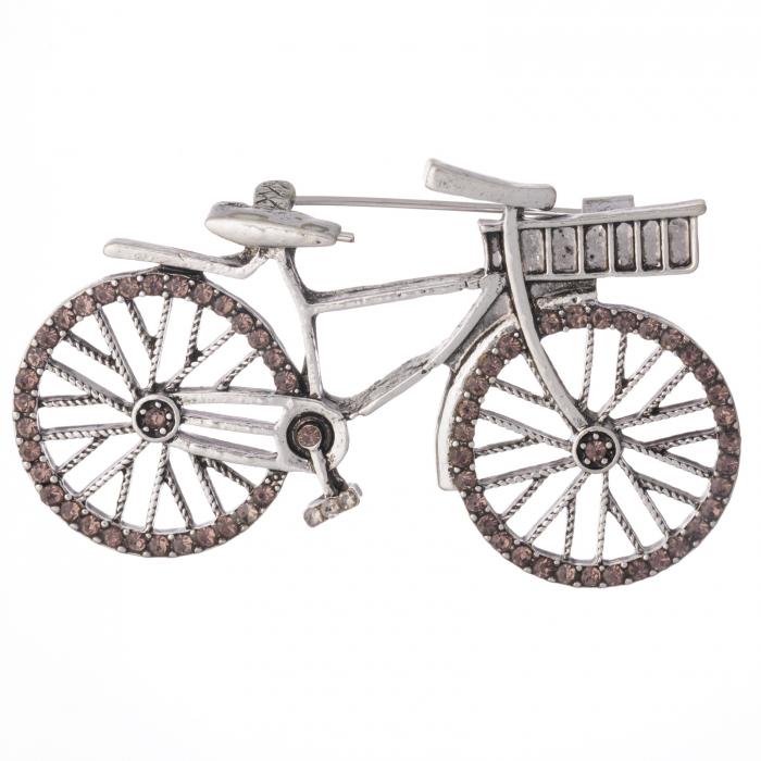 Brosa metalica argintie, bicicleta cu pietricele fatetate argintii