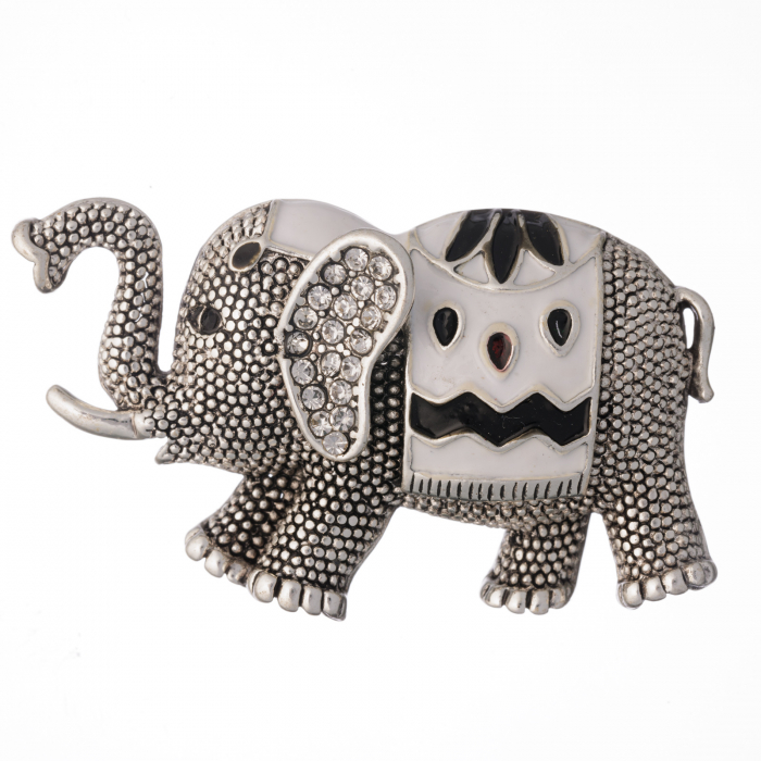 Brosa metalica argintie cu pietricele fatetate albe, elefant cu trompa ridicata