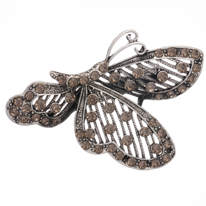 Brosa metalica argintie cu pietricele fatetate argintii, fluture in zbor