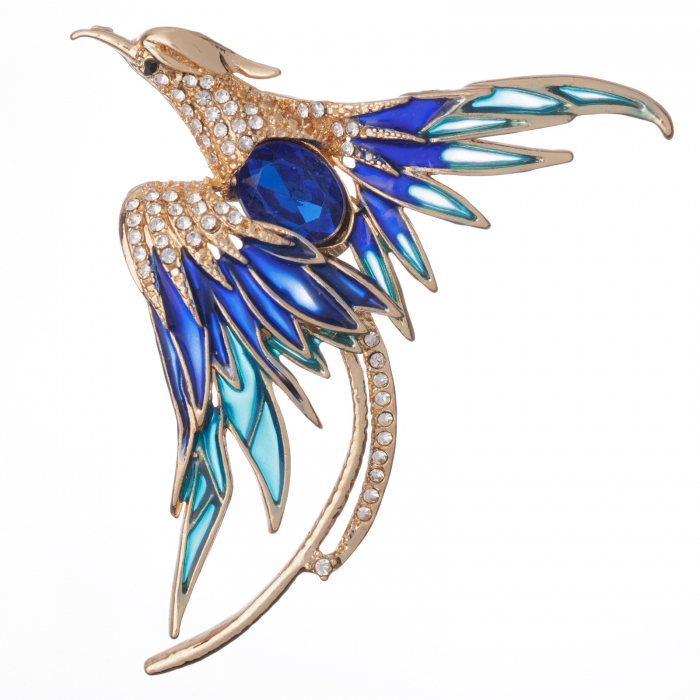 Brosa metalica aurie, pasarea Phoenix, cu pietre albastre si albe, simbol al reinoirii si renasterii