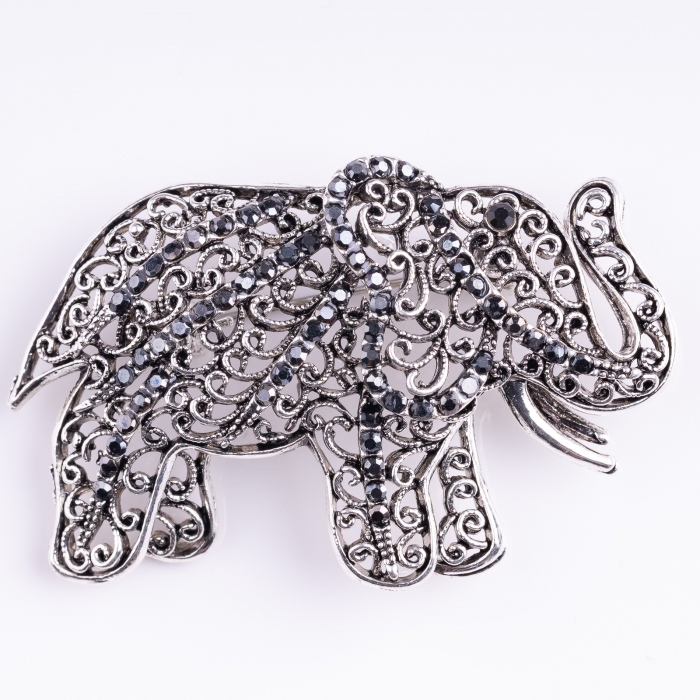 Brosa metalica argintie elefant cu pietricele argintii si negre