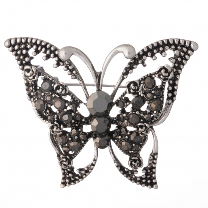 Brosa metalica argintie fluture cu pietricele fumurii si albe si doua randuri de aripi