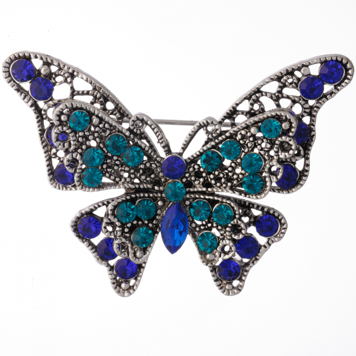 Brosa metalica argintie fluture cu pietricele albastre si doua randuri de aripi