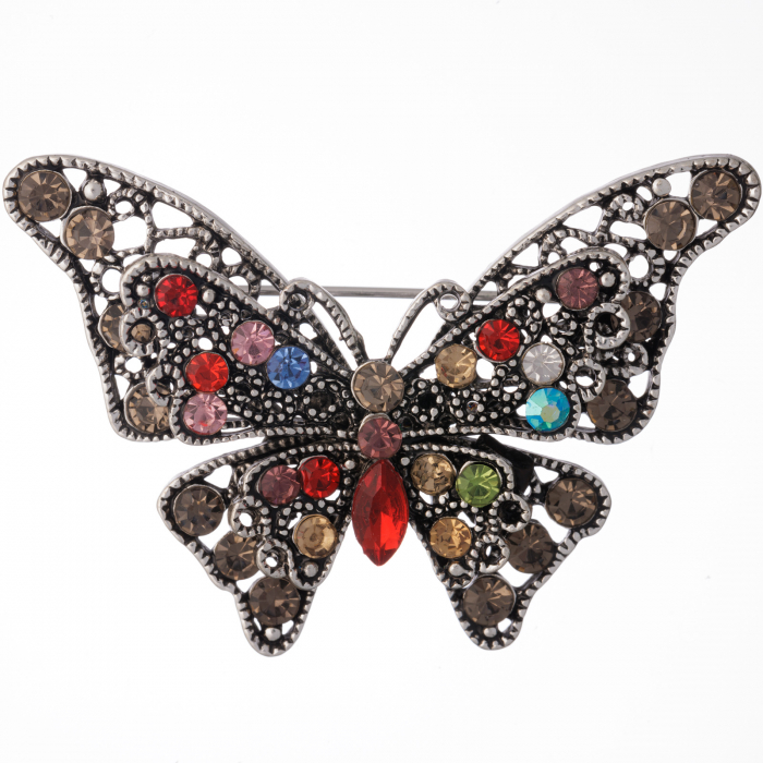Brosa metalica argintie fluture cu pietricele multicolore si doua randuri de aripi