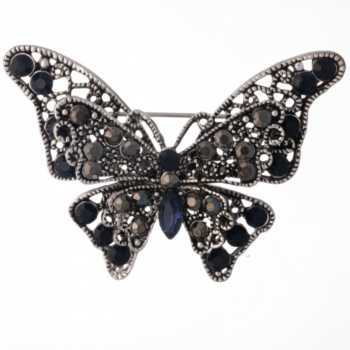 Brosa metalica argintie fluture cu pietricele bleumarin si doua randuri de aripi