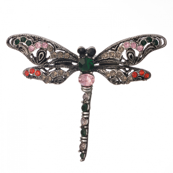 Brosa metalica argintie, libelula cu pietricele multicolore, verzi si roz