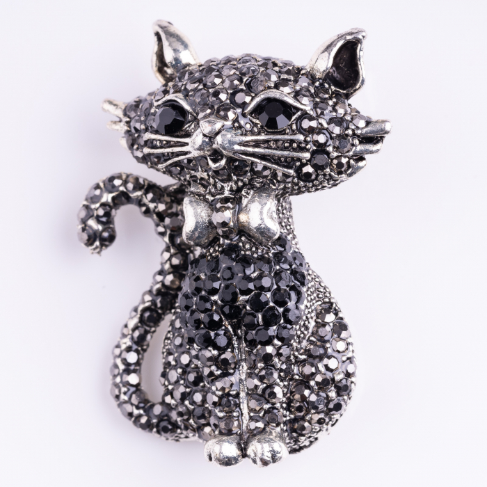 Brosa metalica argintie pisica cu pietricele argintii si negre argintie imagine noua 2022