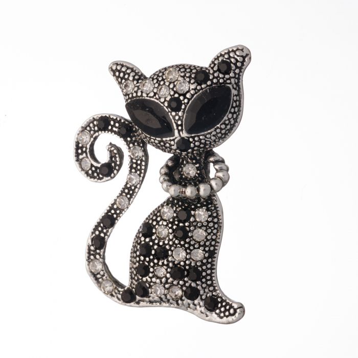 Brosa metalica argintie pisicuta cocheta cu pietricele negre si margele
