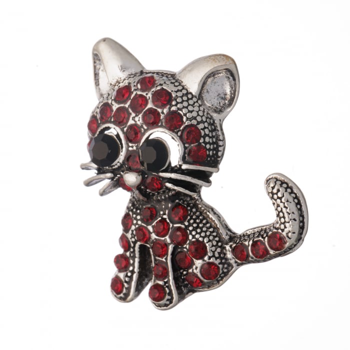 Brosa metalica argintie pui de pisicuta cu pietricele rosii