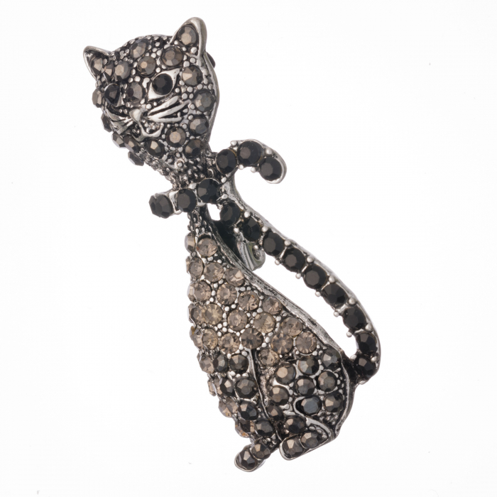 Brosa metalica argintie pisica cu pietricele argintii si negre
