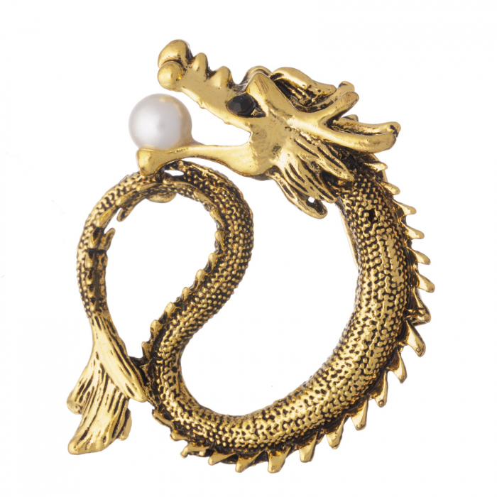 Brosa metalica aurie cu perla , Dragon - simbolul puterii, curajului si succesului