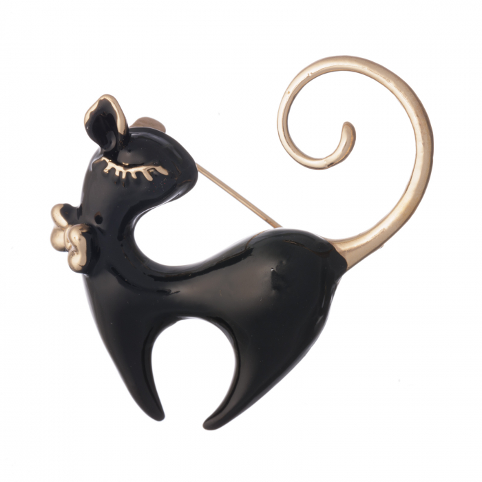 Brosa metalica aurie pisica neagra cu funda si coada aurie