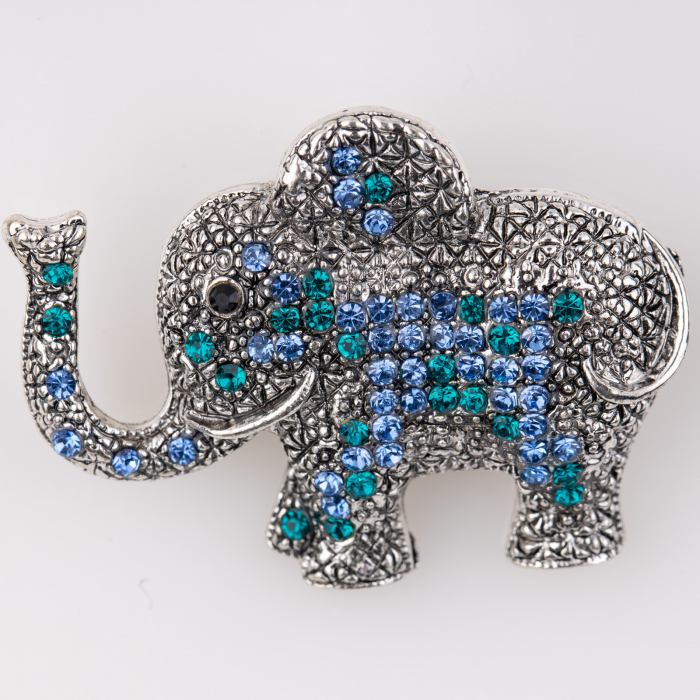Brosa metalica elefant cu pietricele albastre