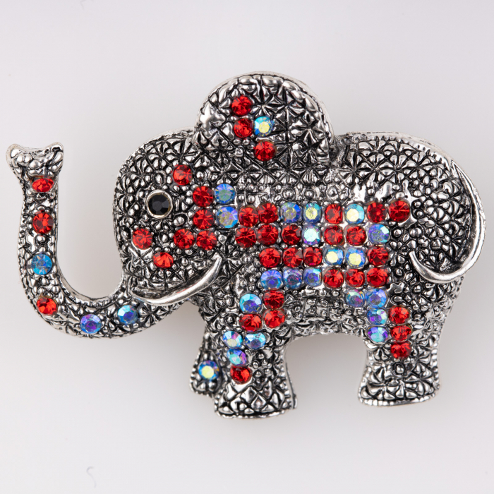 Brosa metalica elefant cu pietricele rosii si albastre [1]