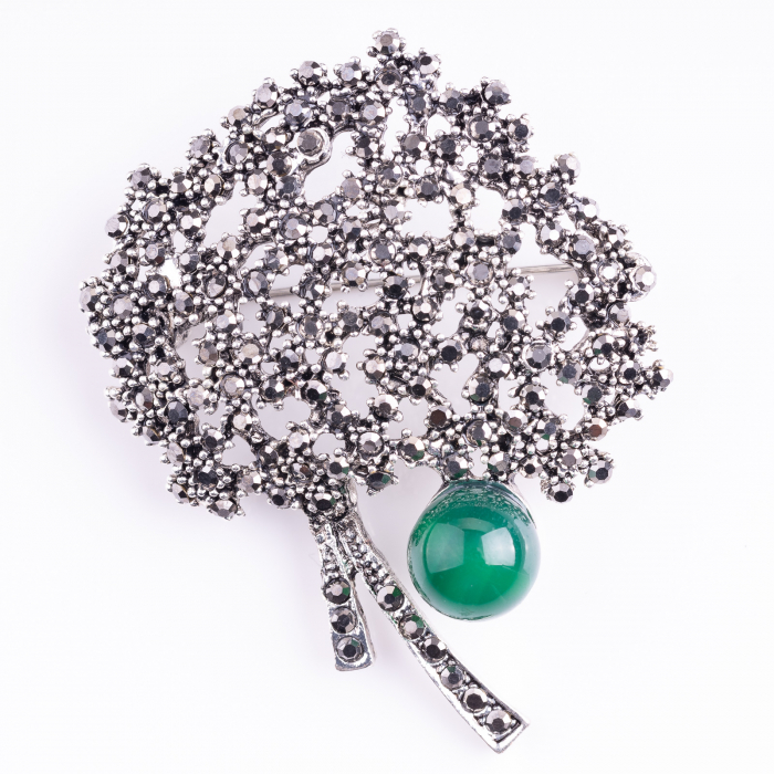 Brosa metalica argintie pomul vietii cu pietricele mici argintii si agata verde