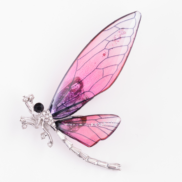 Brosa metalica libelula cu aripi transparente rozalii si corp auriu