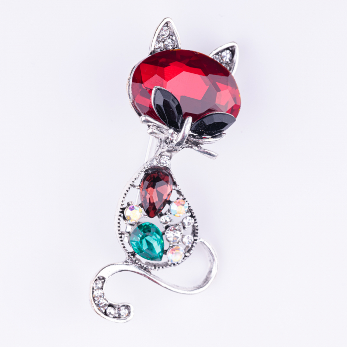 Brosa metalica pisica argintie cu cap rubiniu fatetat si pietricele