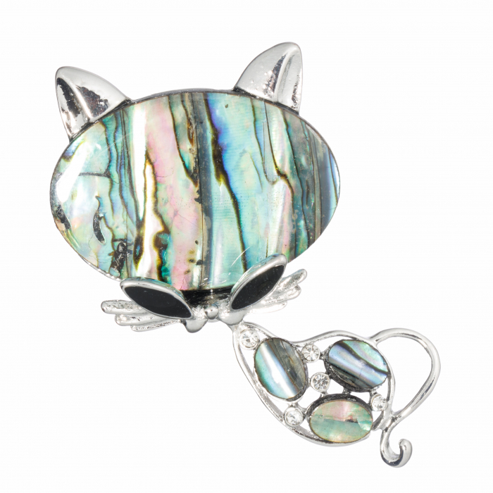 Brosa pandant argintie cu scoica naturala paua shell si pietricele argintii - pisicuta cu ochelari