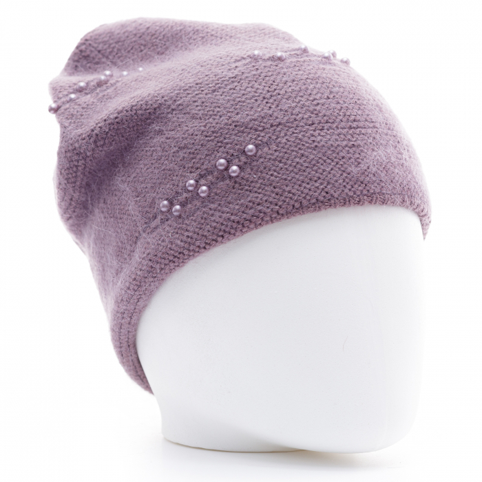 Caciula lila model tricotat cu perle fine aplicate, dublata in interior Accesorii imagine noua 2022