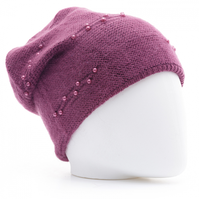 Caciula mov model tricotat cu perle fine aplicate, dublata in interior Accesorii imagine noua 2022