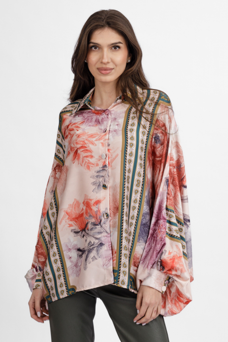 Camasa din satin oversize, cu maneci bufante si imprimeu flori portocalii si lila pe fond bej [1]