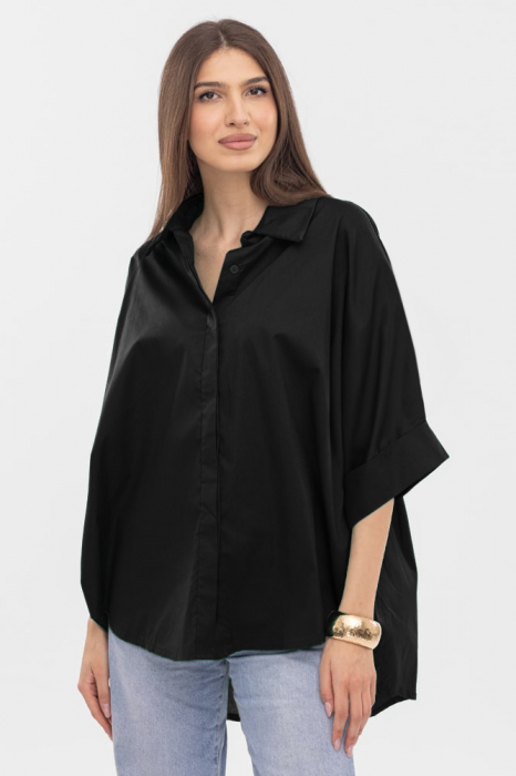 Camasa oversize neagra din poplin de bumbac, cu maneca lunga