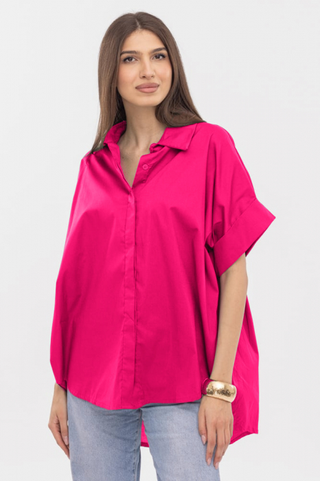 Camasa oversize fucsia din poplin de bumbac, cu maneci scurte