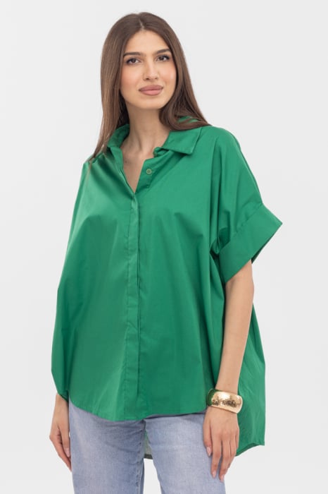 Camasa oversize verde din poplin de bumbac, cu maneci scurte