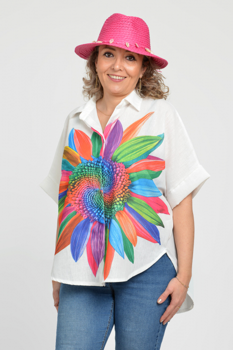 Camasa oversize cu maneca scurta din in si vascoza, imprimeu floare cu petale multicolore