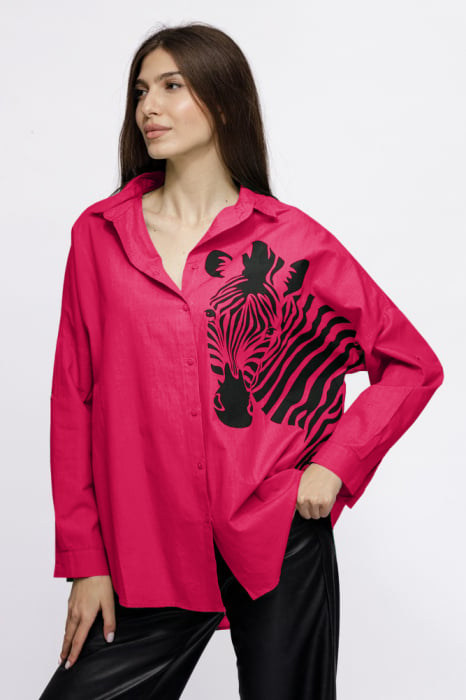 Camasa oversize fucsia, cu zebra, din poplin de bumbac