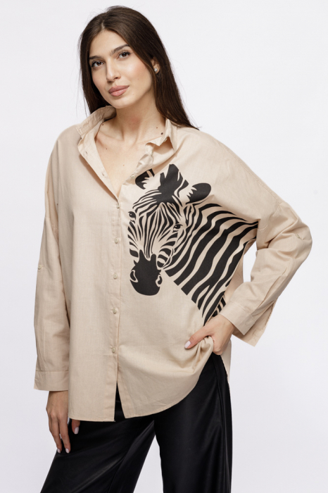 Camasa oversize bej, cu zebra, din poplin de bumbac