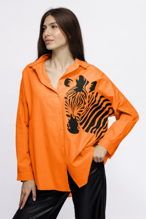 Camasa oversize portocaliu, cu zebra, din poplin de bumbac