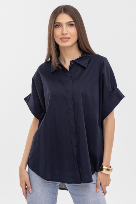 Camasa oversize bleumarin din poplin de bumbac, cu maneci scurte