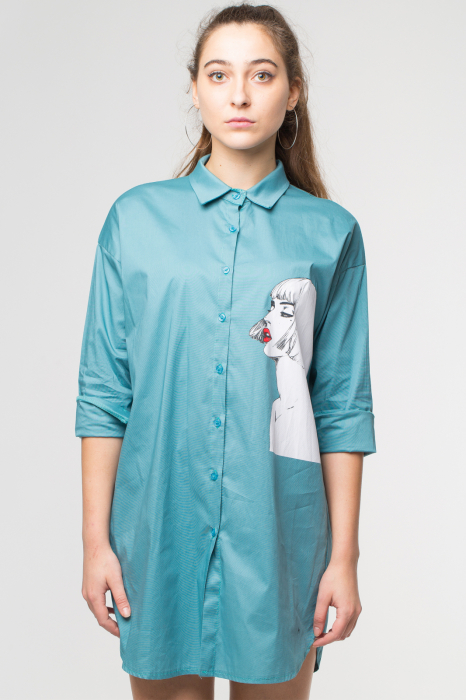 Camasa turqoise lunga cu imprimeu girlish Bluze imagine noua 2022