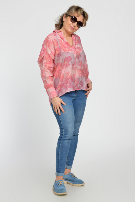 Camasa vaporoasa din bumbac, oversize, cu imprimeu floral in nuante de roz