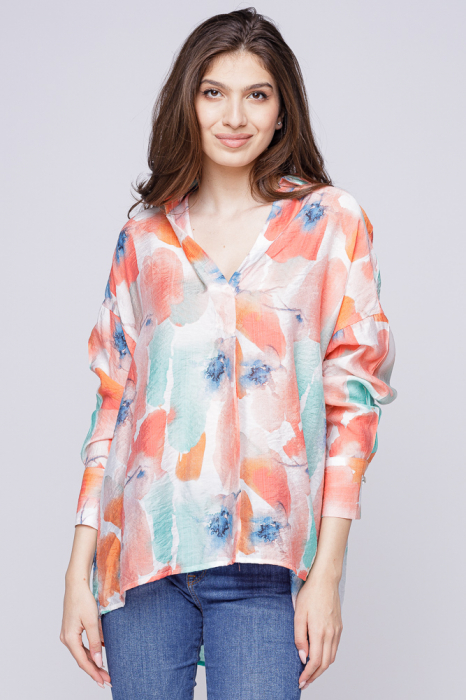 Camasa vaporoasa din bumbac, oversize, cu imprimeu floral orange-turcoaz