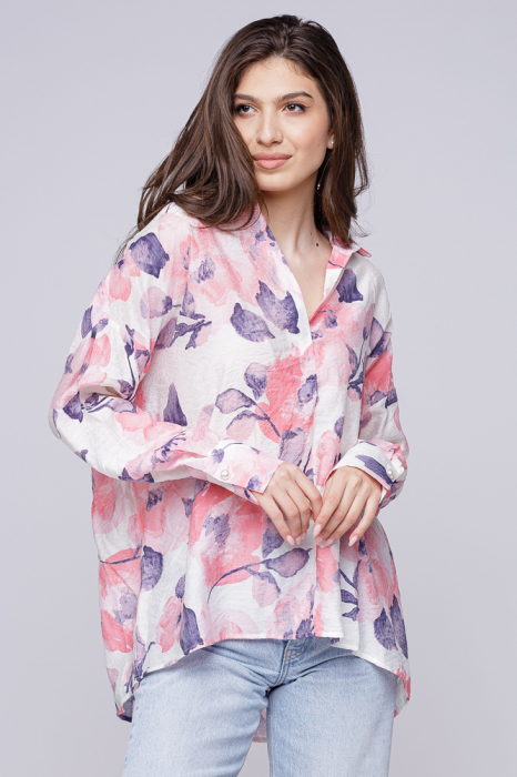 Camasa vaporoasa din bumbac, oversize, cu imprimeu floral mov-roz