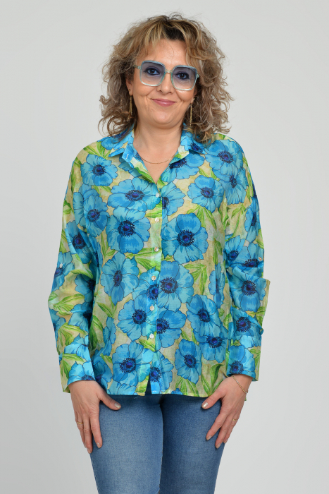 Camasa vaporoasa oversize, cu imprimeu floral albastru cu verde