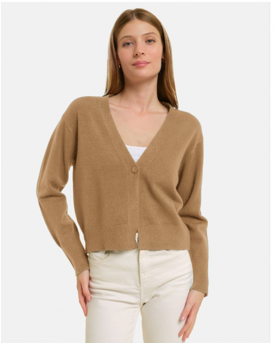 Cardigan cu decolteu in V, din tricotaj fin, camel