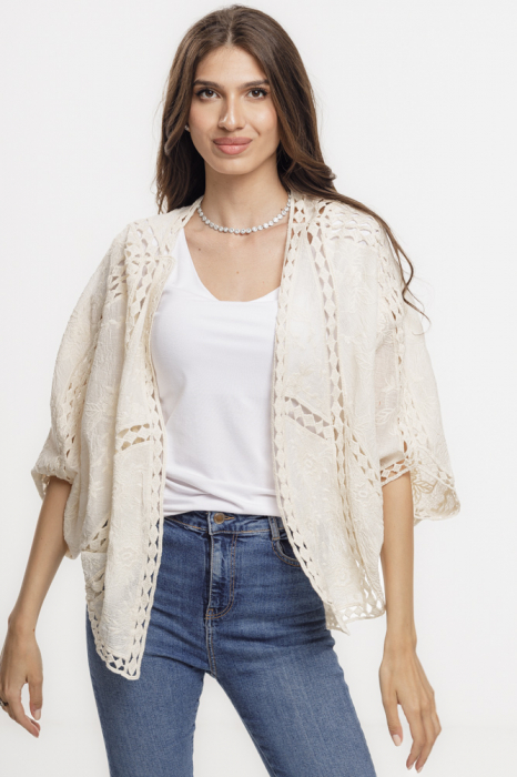 Cardigan lejer din bumbac, cu broderie sparta tip dantela, bej