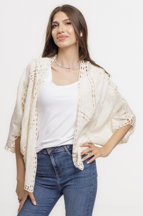 Cardigan lejer din bumbac, cu broderie sparta tip dantela, bej