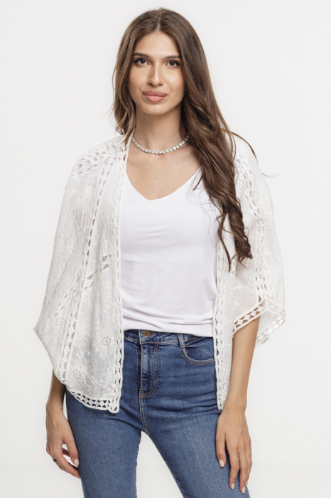 Cardigan lejer din bumbac, cu broderie sparta tip dantela, alb