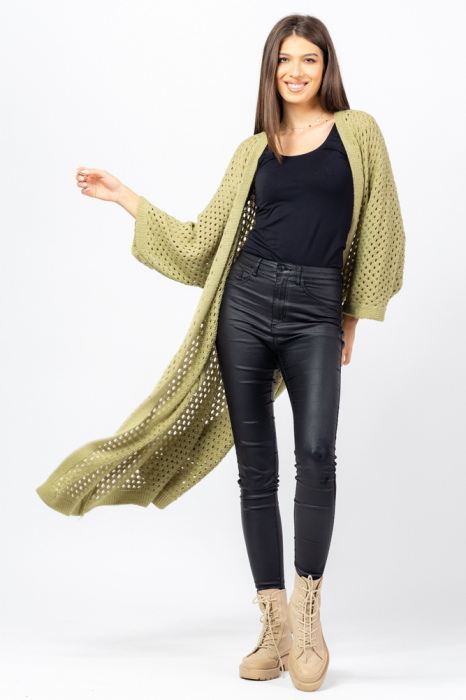 Cardigan lung tricotat cu gaurele, verde menta
