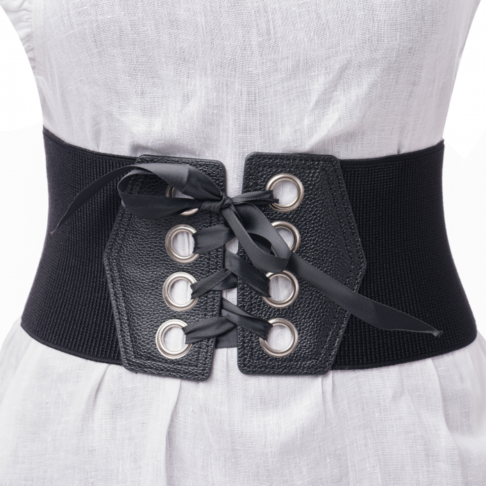 Centura corset din piele ecologica cu 8 capse mari argintii si funda satin Accesorii imagine noua 2022
